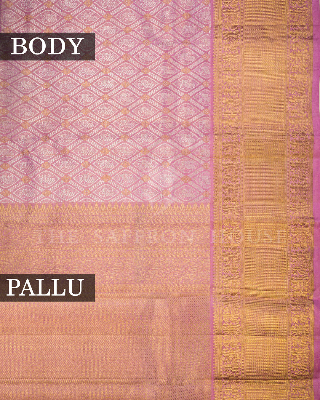 Baby Pink Kanchivaram Silk Saree with Diamond Peacock Lattice Weave & Gold Zari Floral Border