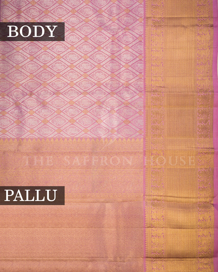 Baby Pink Kanchivaram Silk Saree with Diamond Peacock Lattice Weave & Gold Zari Floral Border