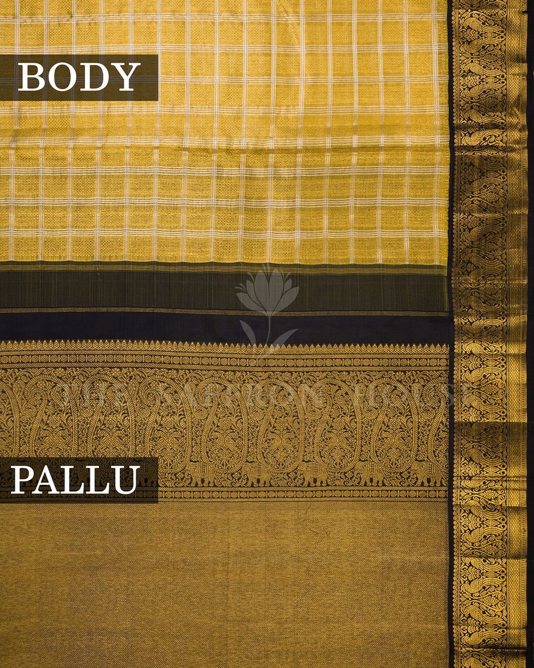Gold Kora Kanchi Silk Saree with Silver Checkered Weave & Black Peacock Border