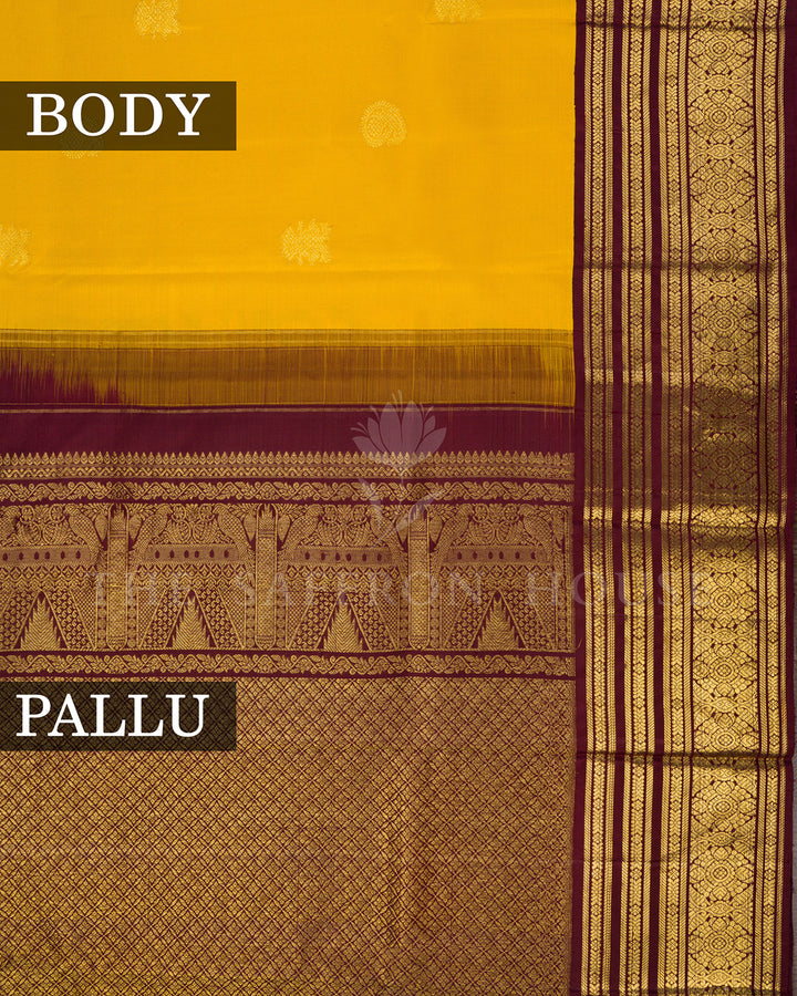 Yellow Korvai Kanchivaram Silk Saree with Scattered Zari Buti & Maroon Border