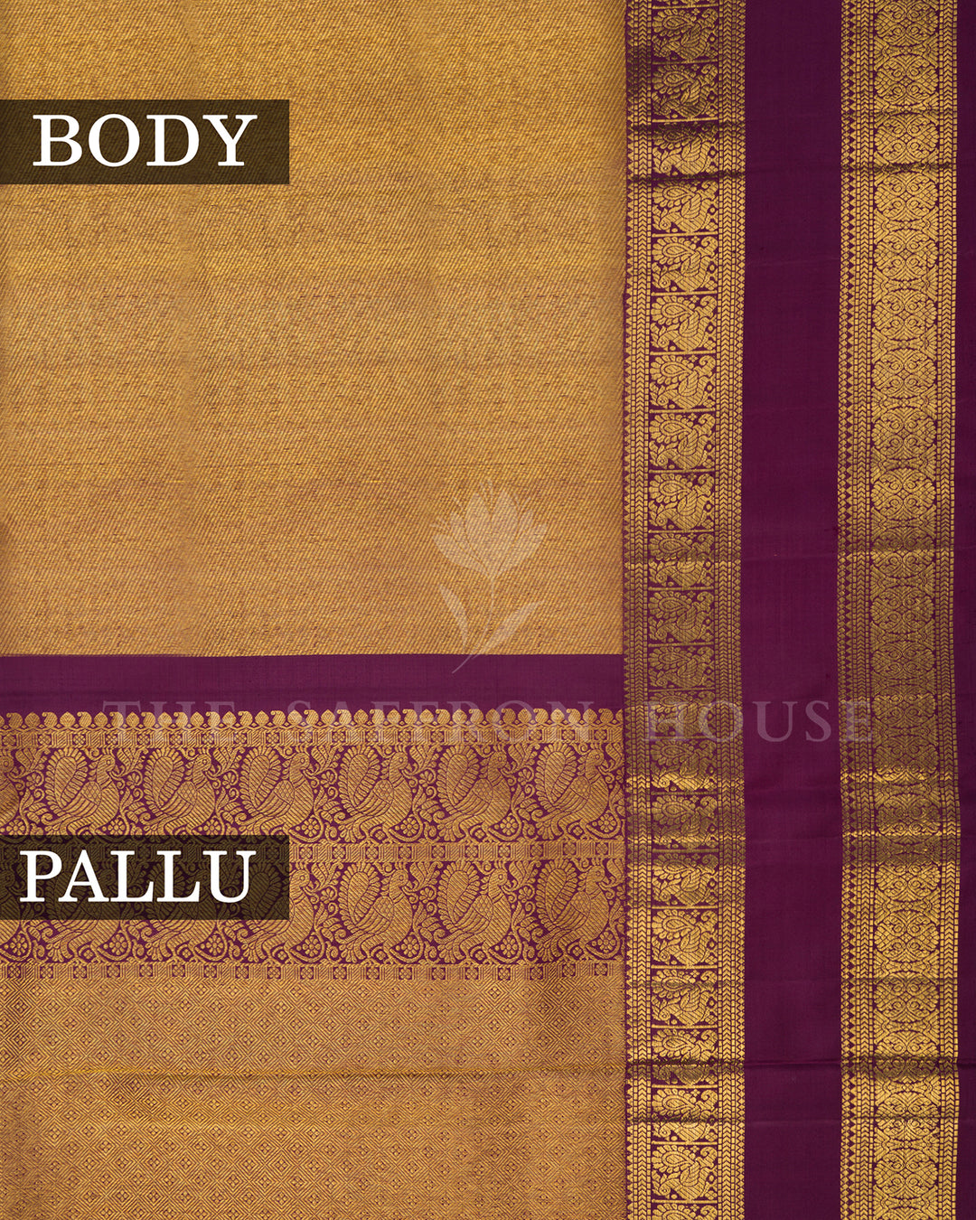 Gold Kanchivaram Silk Saree with Diagonal Zari Texture & Wine Peacock Border