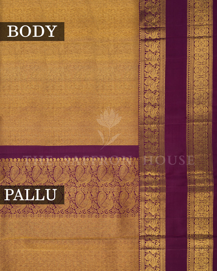 Gold Kanchivaram Silk Saree with Diagonal Zari Texture & Wine Peacock Border