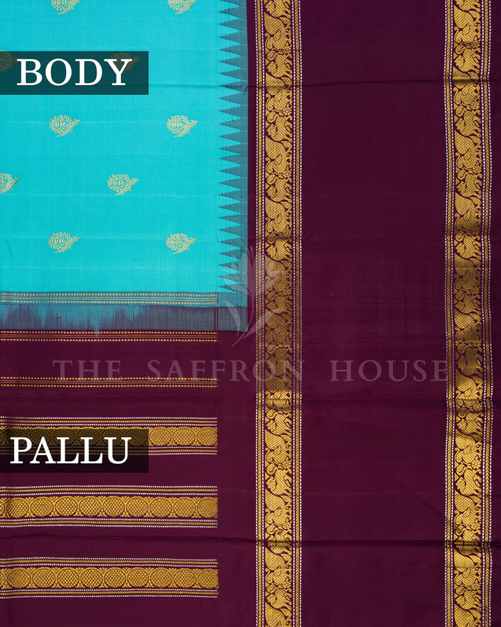 Turquoise Korvai Kanchivaram Silk Saree with Scattered Zari Buti & Wine Yali Border