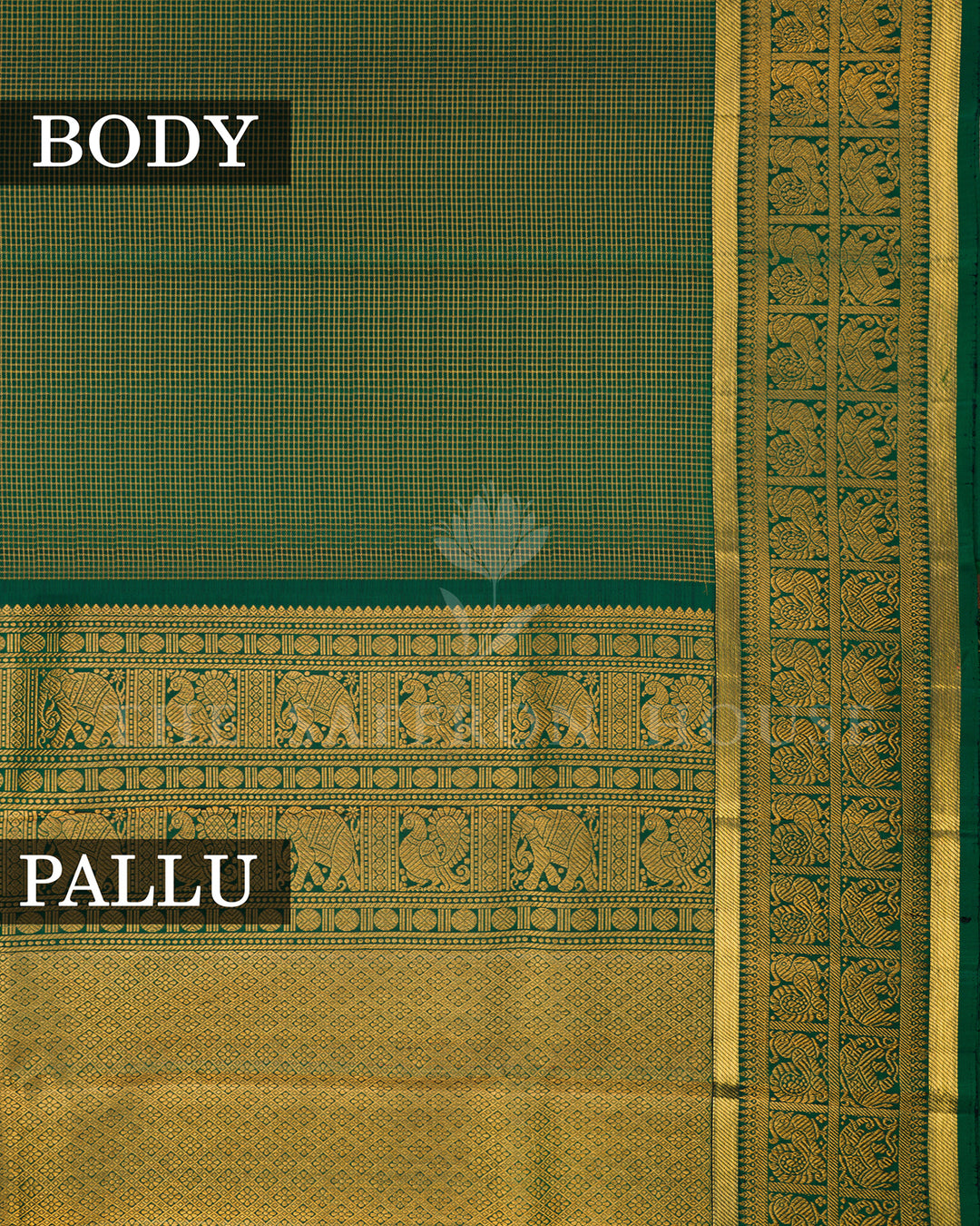Emerald Green Kanchivaram Silk Saree with Checkered Zari Weave & Gold Elephant Procession Border