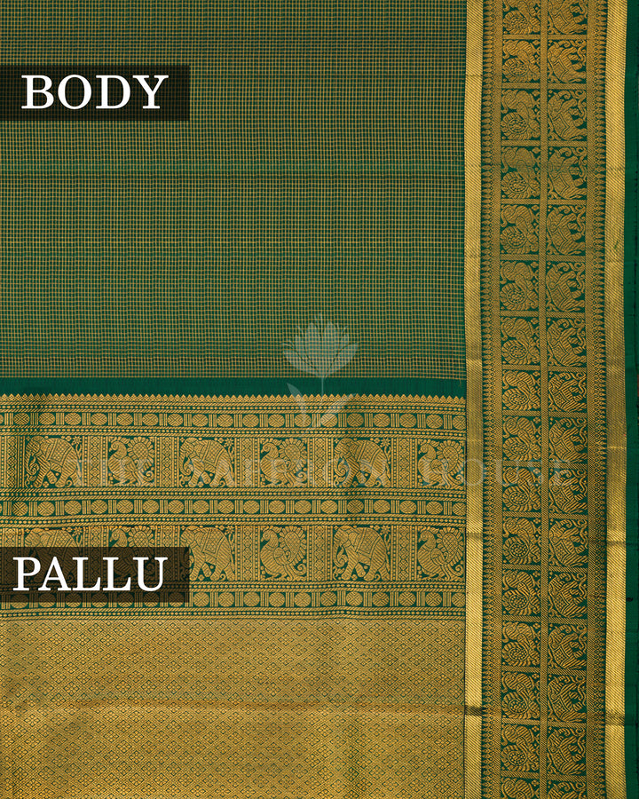 Emerald Green Kanchivaram Silk Saree with Checkered Zari Weave & Gold Elephant Procession Border