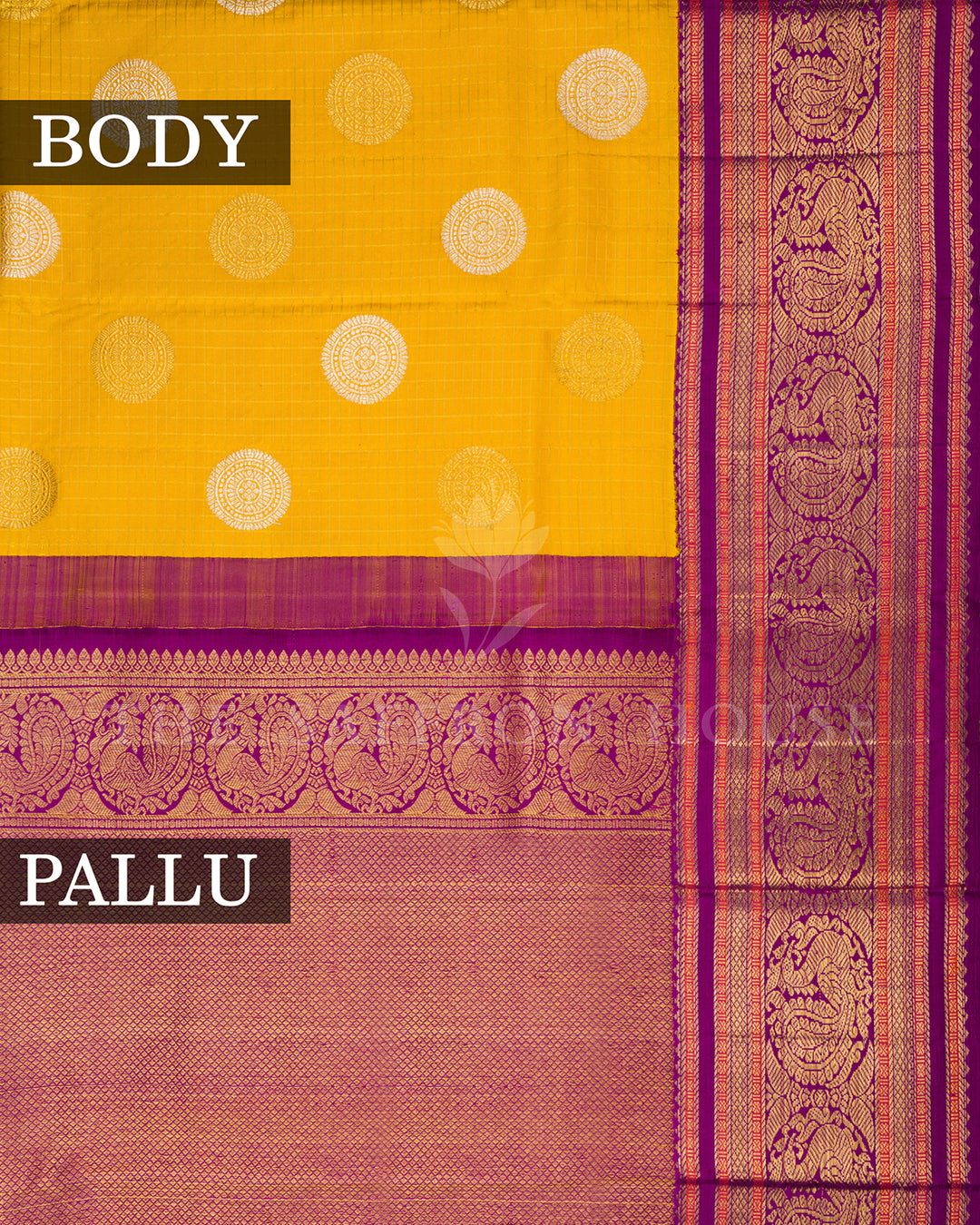 Yellow Kanchivaram Silk Saree with Silver Medallion Buti & Magenta Peacock Border