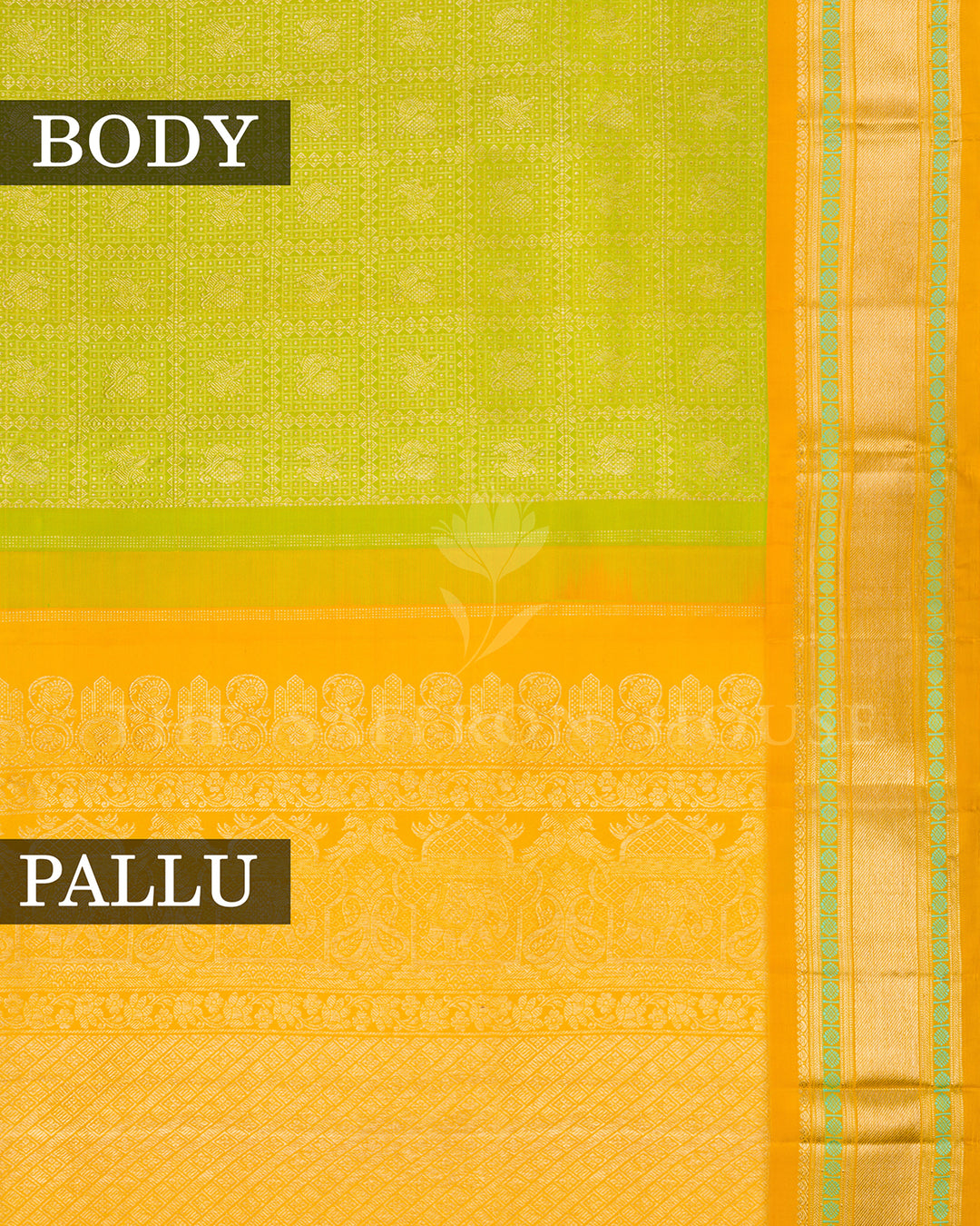Parrot Green Kanchivaram Silk Saree with Zari Diamond Jaal & Golden Yellow Peacock Border