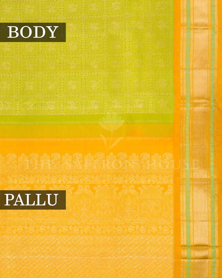 Parrot Green Kanchivaram Silk Saree with Zari Diamond Jaal & Golden Yellow Peacock Border