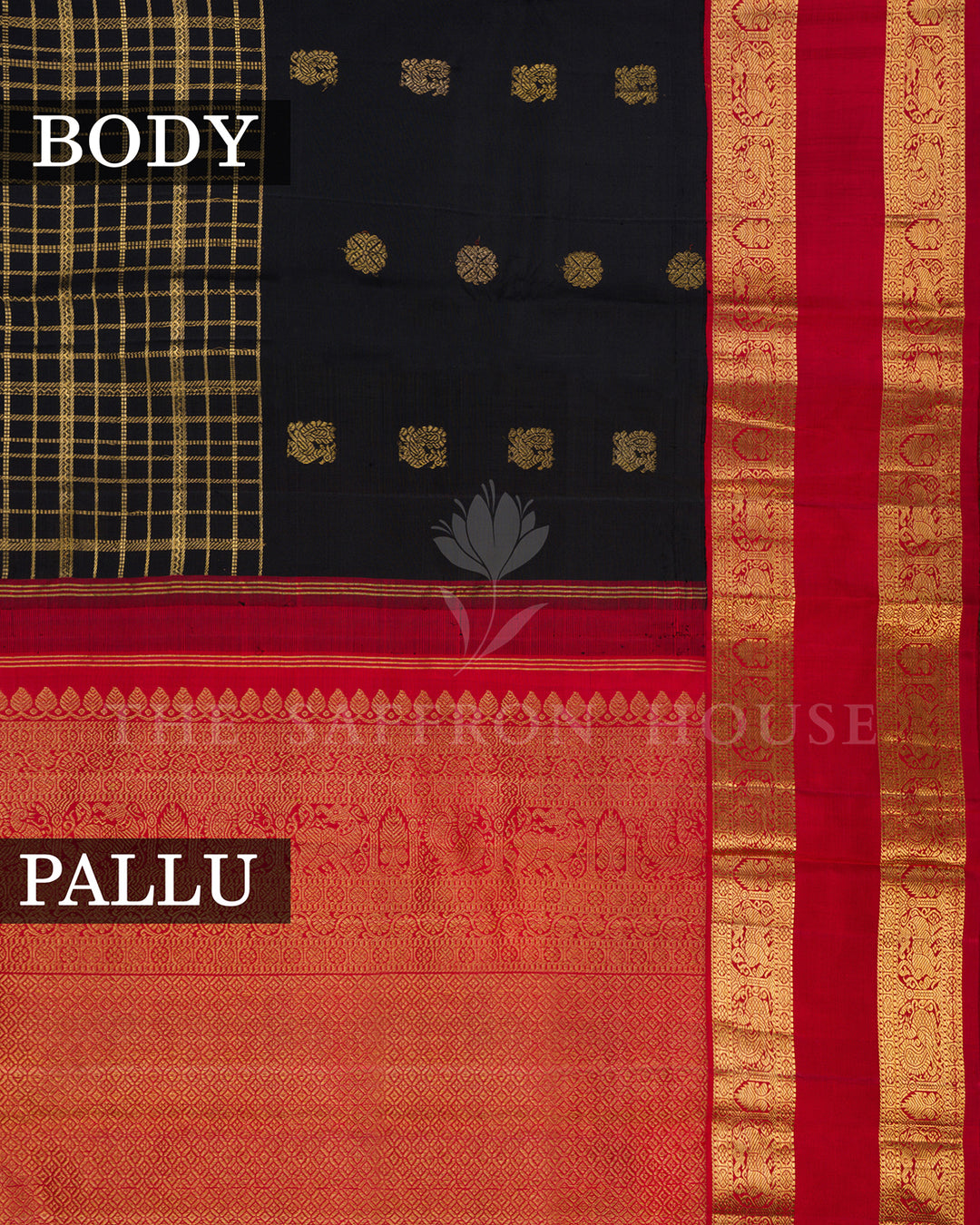 Black Kanchivaram Silk Saree with Zari Check Weave & Gold Buttis, Red Temple Border