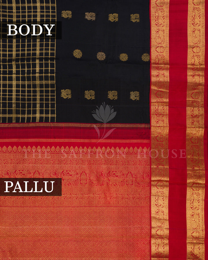 Black Kanchivaram Silk Saree with Zari Check Weave & Gold Buttis, Red Temple Border