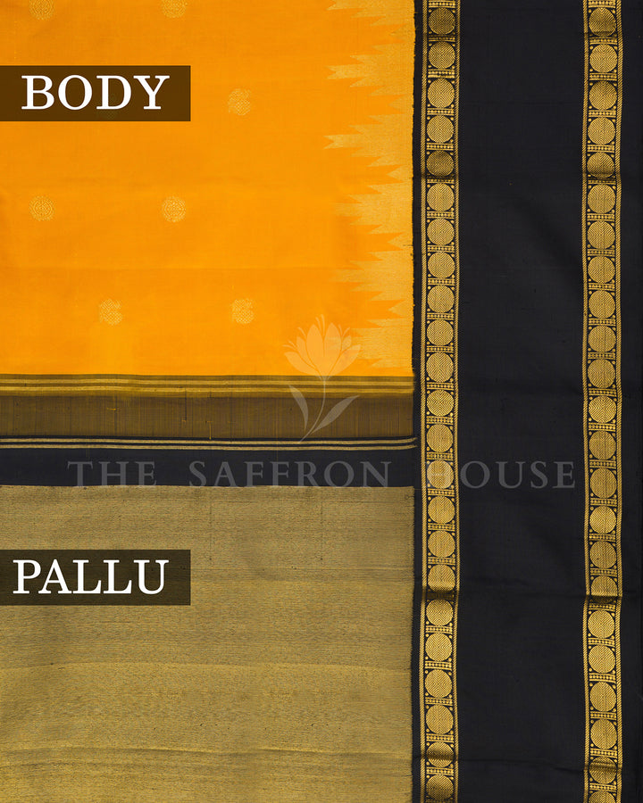 Golden Yellow Kanchivaram Silk Saree with Zari Buttis & Black Coin Motif Border