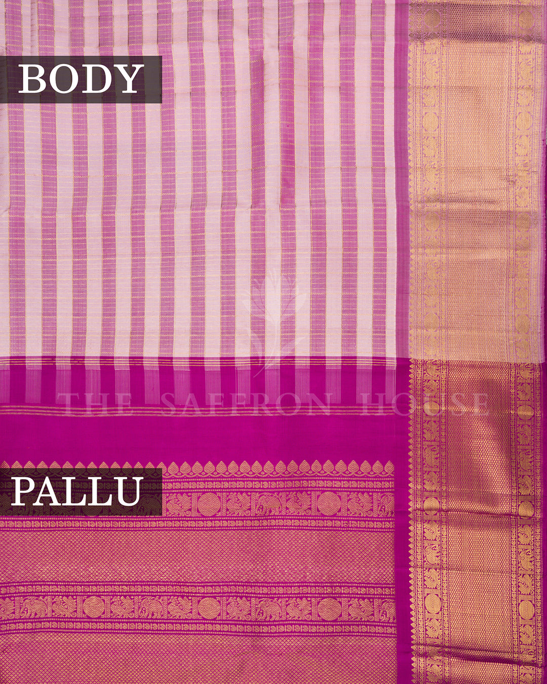 Pink and Magenta Striped Kanchivaram Silk Saree with Gold Zari Border