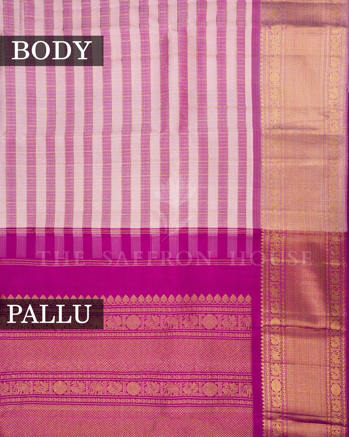 Pink and Magenta Striped Kanchivaram Silk Saree with Gold Zari Border