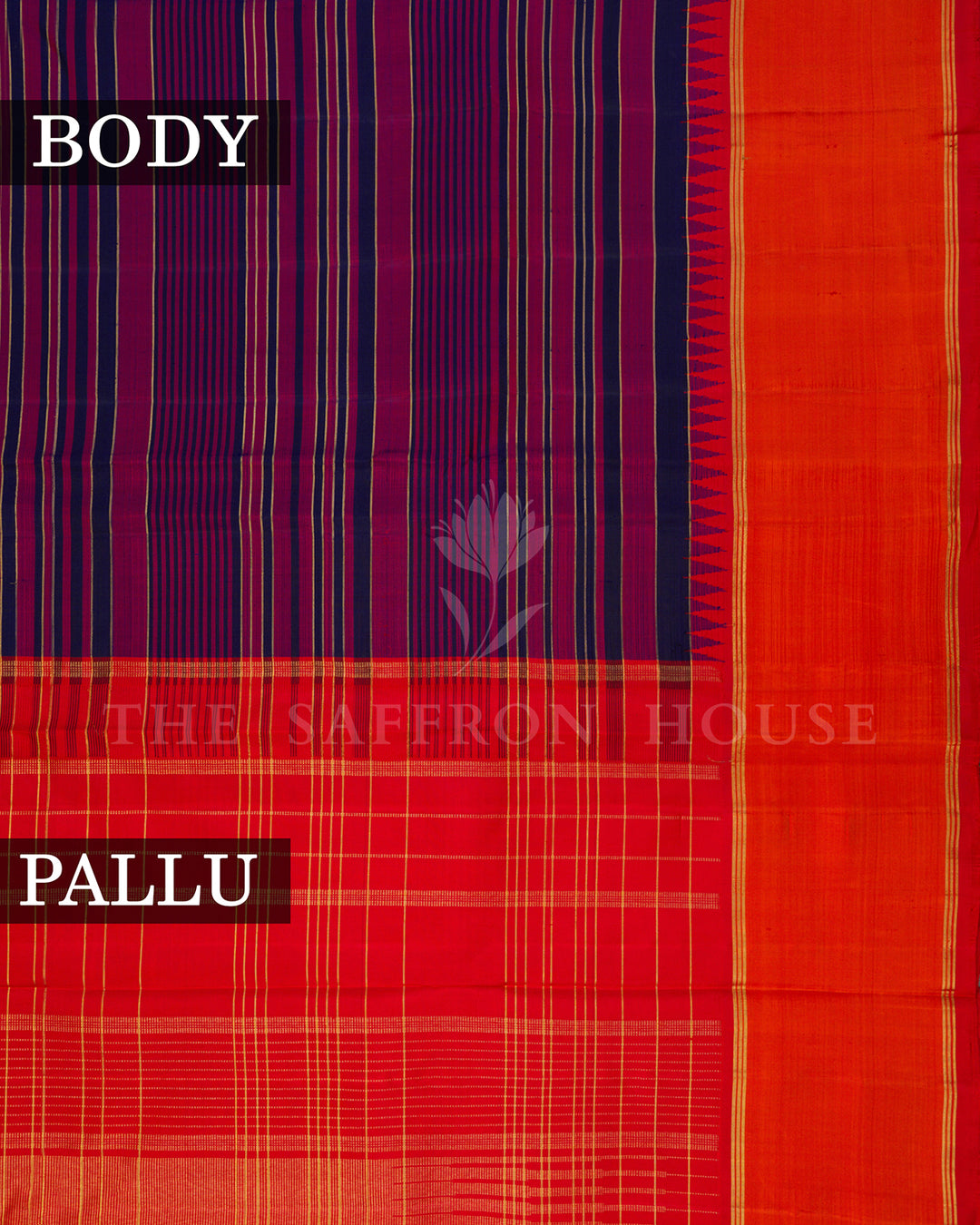 Purple and Navy Striped Kanchivaram Silk Saree with Orange Zari Border
