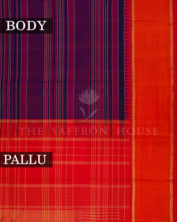 Purple and Navy Striped Kanchivaram Silk Saree with Orange Zari Border