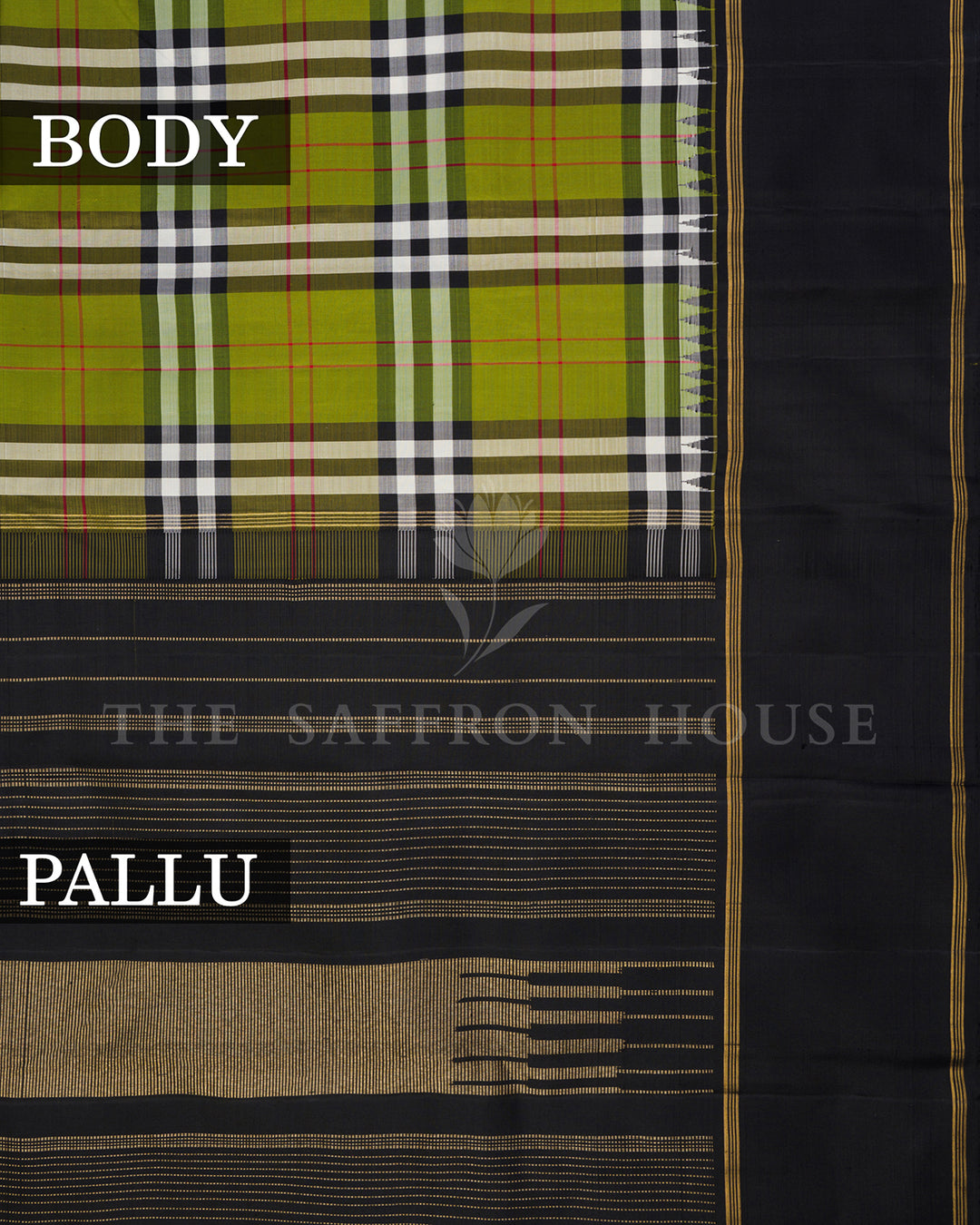 Olive Green Tartan Check Kanchivaram Silk Saree with Black Zari Border, Striped Pallu