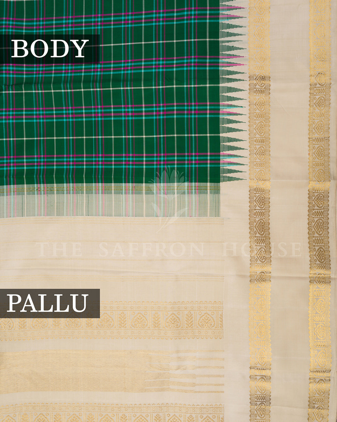 Green Tartan Check Kanchivaram Silk Saree with Cream Zari Border