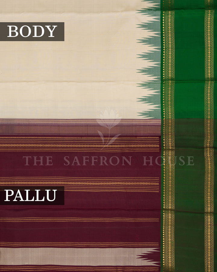 Cream Kanchivaram Silk Saree with Green Zari Border, Wine Striped Pallu