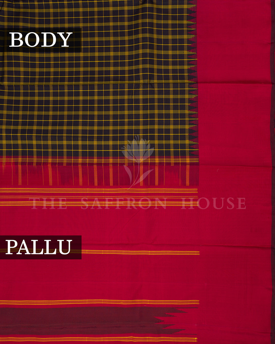 Navy Blue and Mustard Checked Kanchivaram Silk Saree with Red Border
