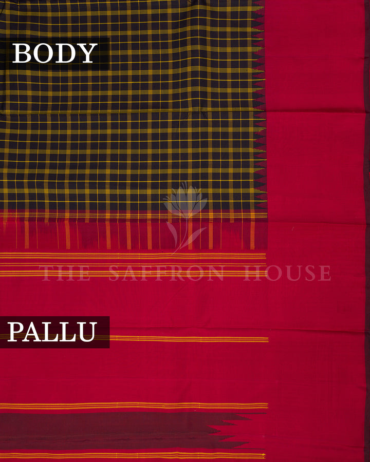 Navy Blue and Mustard Checked Kanchivaram Silk Saree with Red Border