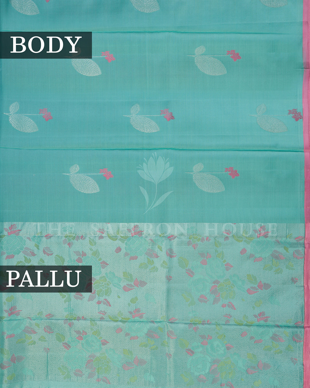 Turquoise Kanchivaram Silk Saree with Silver Leaf Buttis, Pink Border