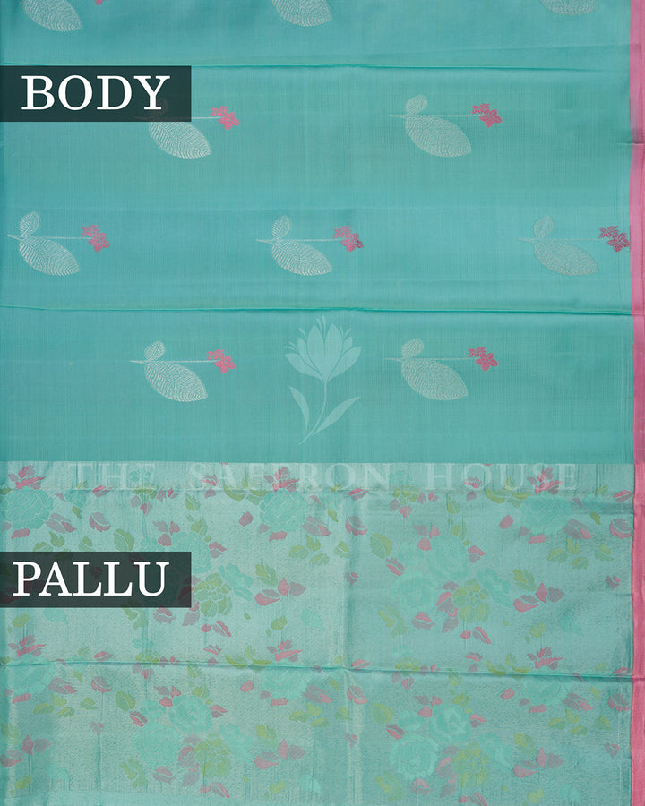 Turquoise Kanchivaram Silk Saree with Silver Leaf Buttis, Pink Border