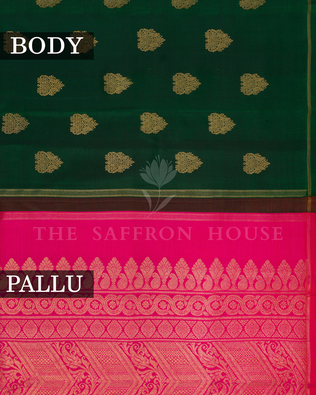 Bottle Green Kanchivaram Silk Saree with Gold Zari Buttis, Pink Pallu with Floral Zari Work