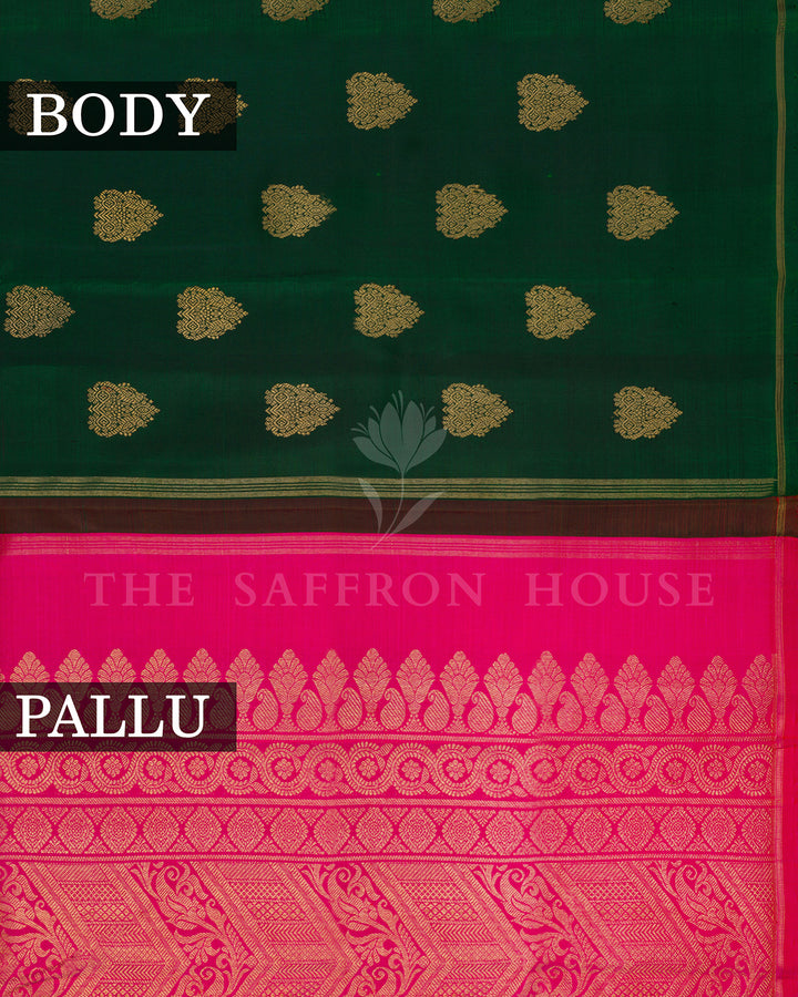 Bottle Green Kanchivaram Silk Saree with Gold Zari Buttis, Pink Pallu with Floral Zari Work