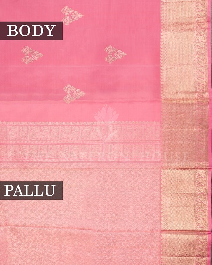 Pink Kanchivaram Silk Saree with Gold Zari Buttis, Self-Tone Paisley Pallu