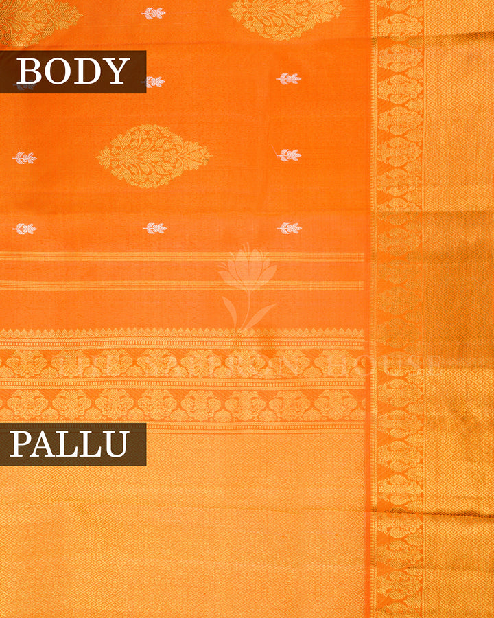 Orange Kanchivaram Silk Saree with Gold Zari Paisley Buttis, Dense Zari Pallu