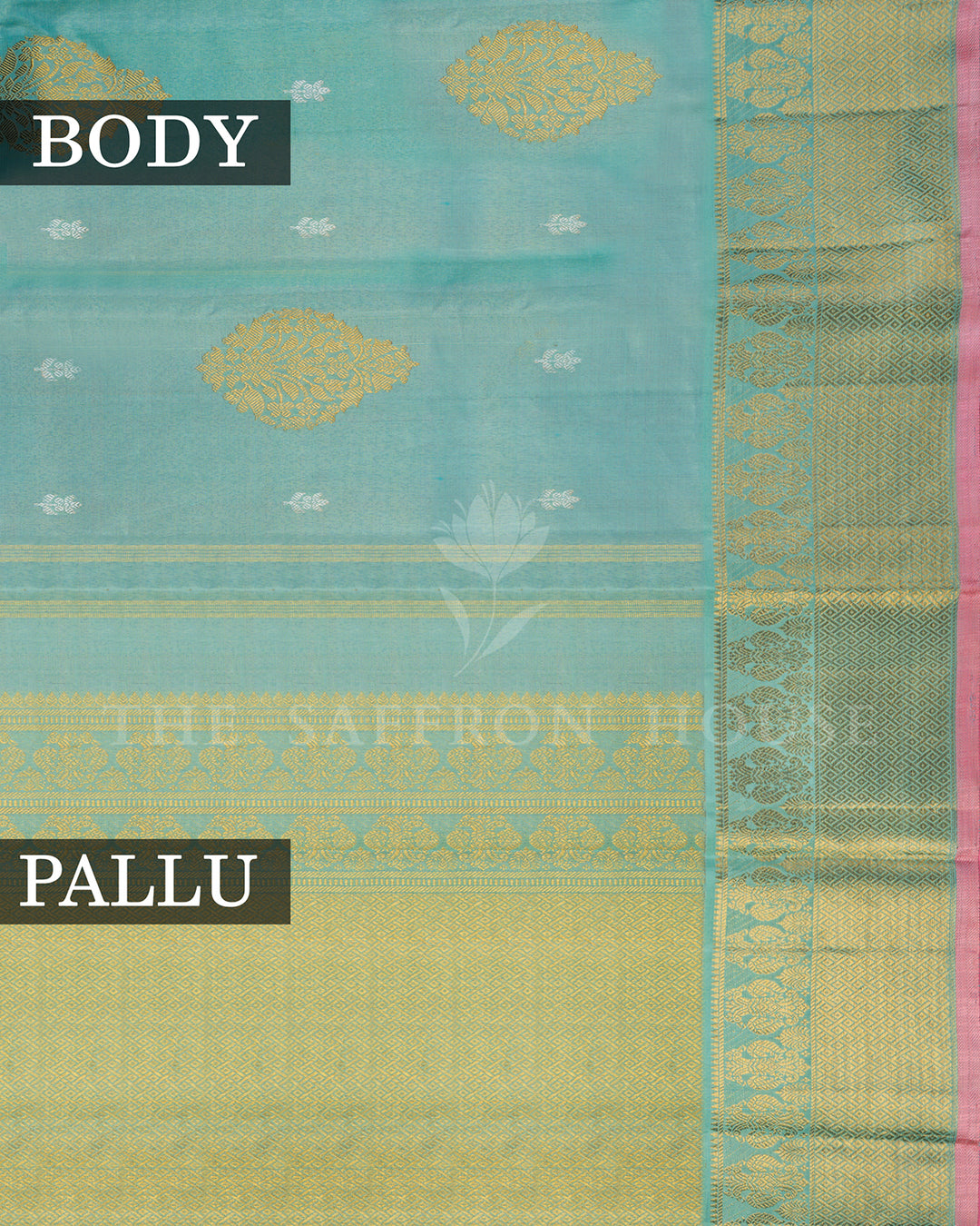Sea Green Kanchivaram Silk Saree with Gold Zari Paisley Buttis, Pink Border Pallu
