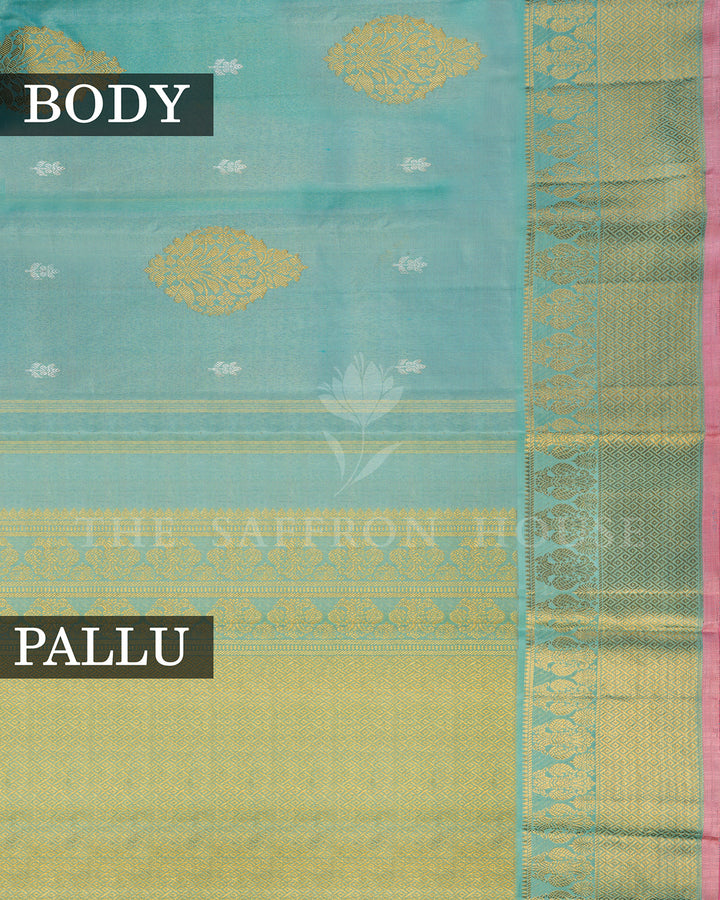 Sea Green Kanchivaram Silk Saree with Gold Zari Paisley Buttis, Pink Border Pallu