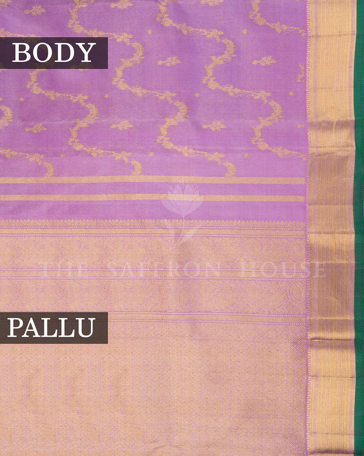 Lilac Kanchivaram Silk Saree with Gold Zari Vine Motifs, Green Edge Border