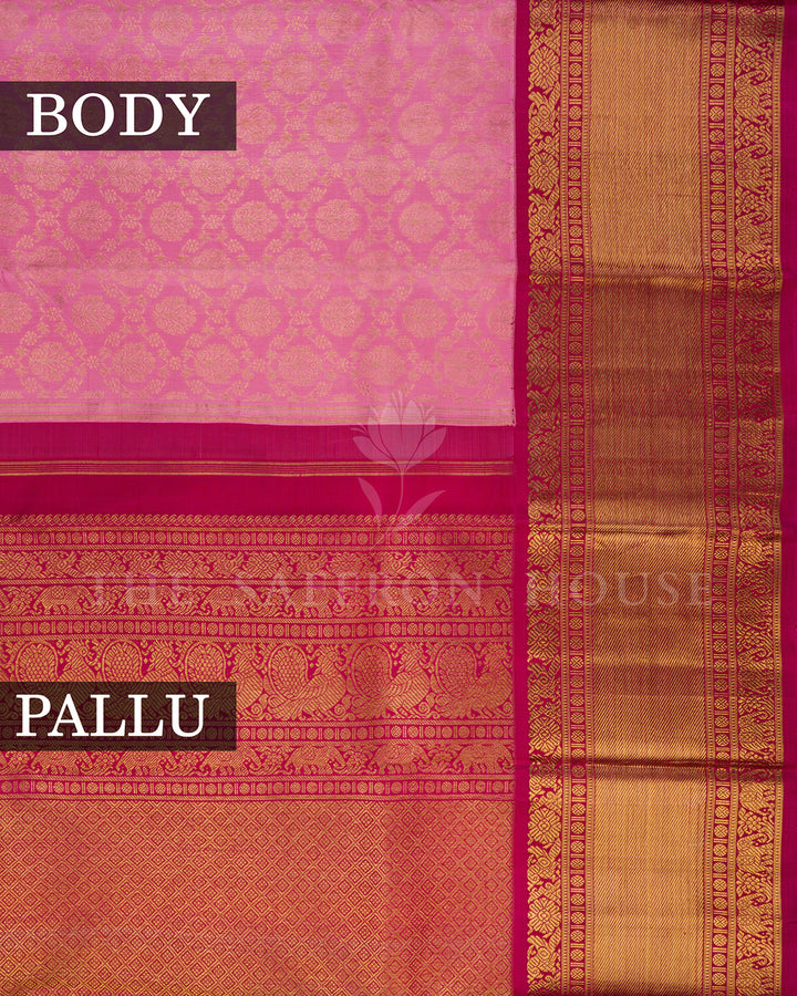 Baby Pink Kanchivaram Silk Saree with Zari Floral Jaal, Magenta Pallu with Elephant Motifs