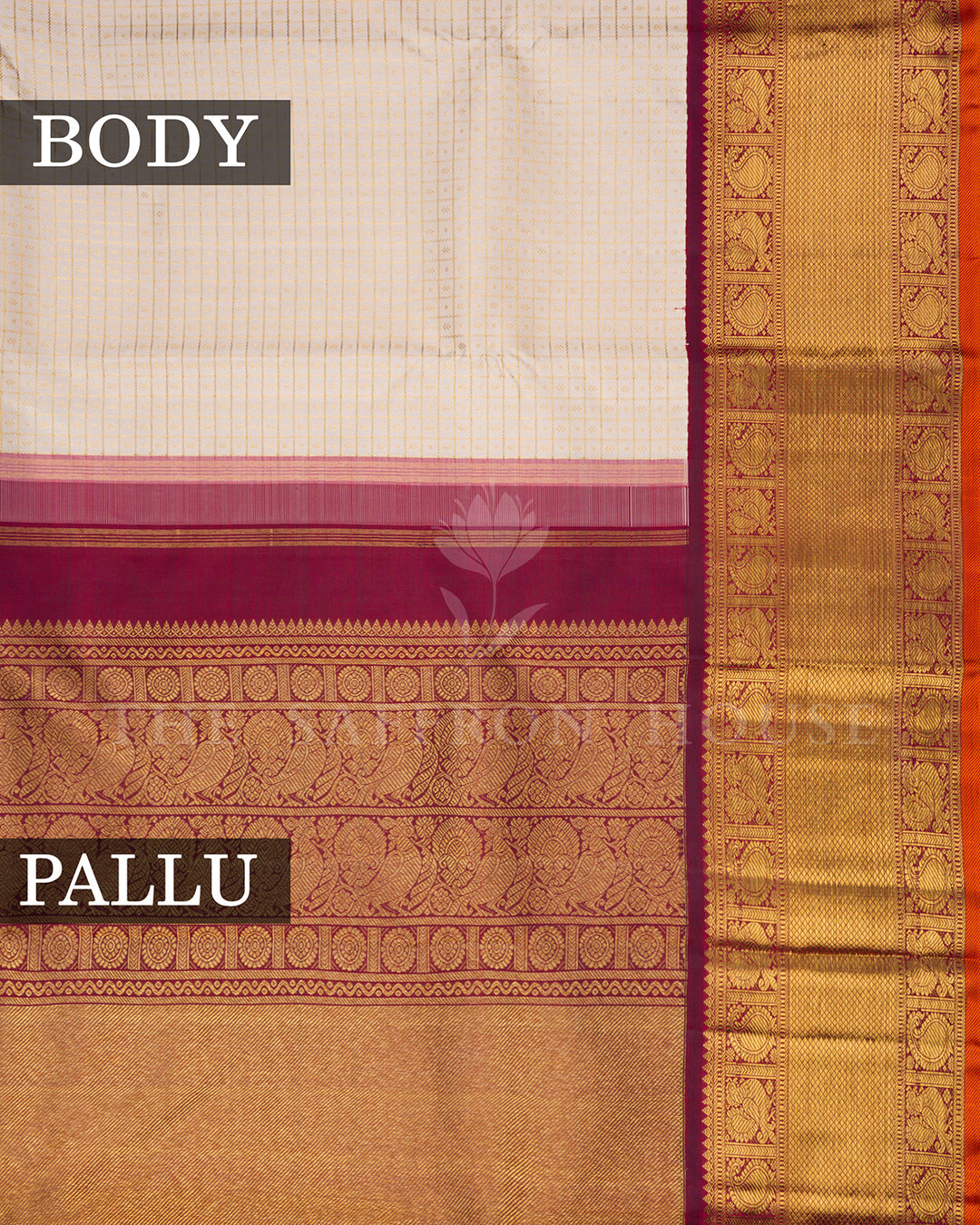 Cream Kanchivaram Silk Saree with Zari Check Weave, Maroon Pallu with Paisley Motifs