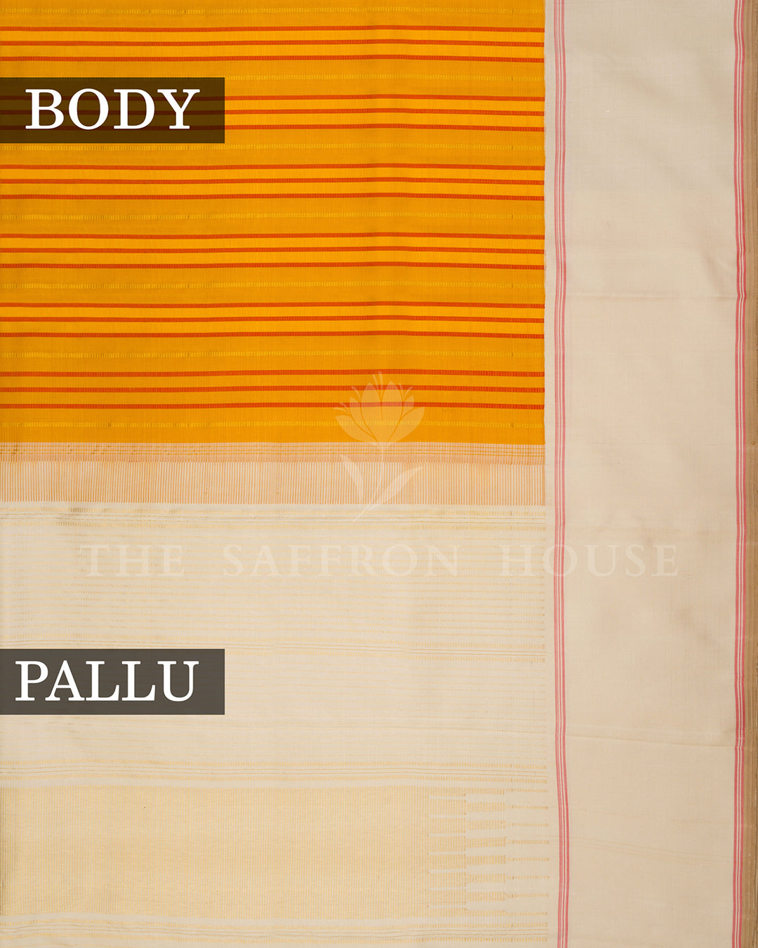 Mustard Yellow Cotton Saree with Red Pinstripes, Cream Pallu with Coral Trim