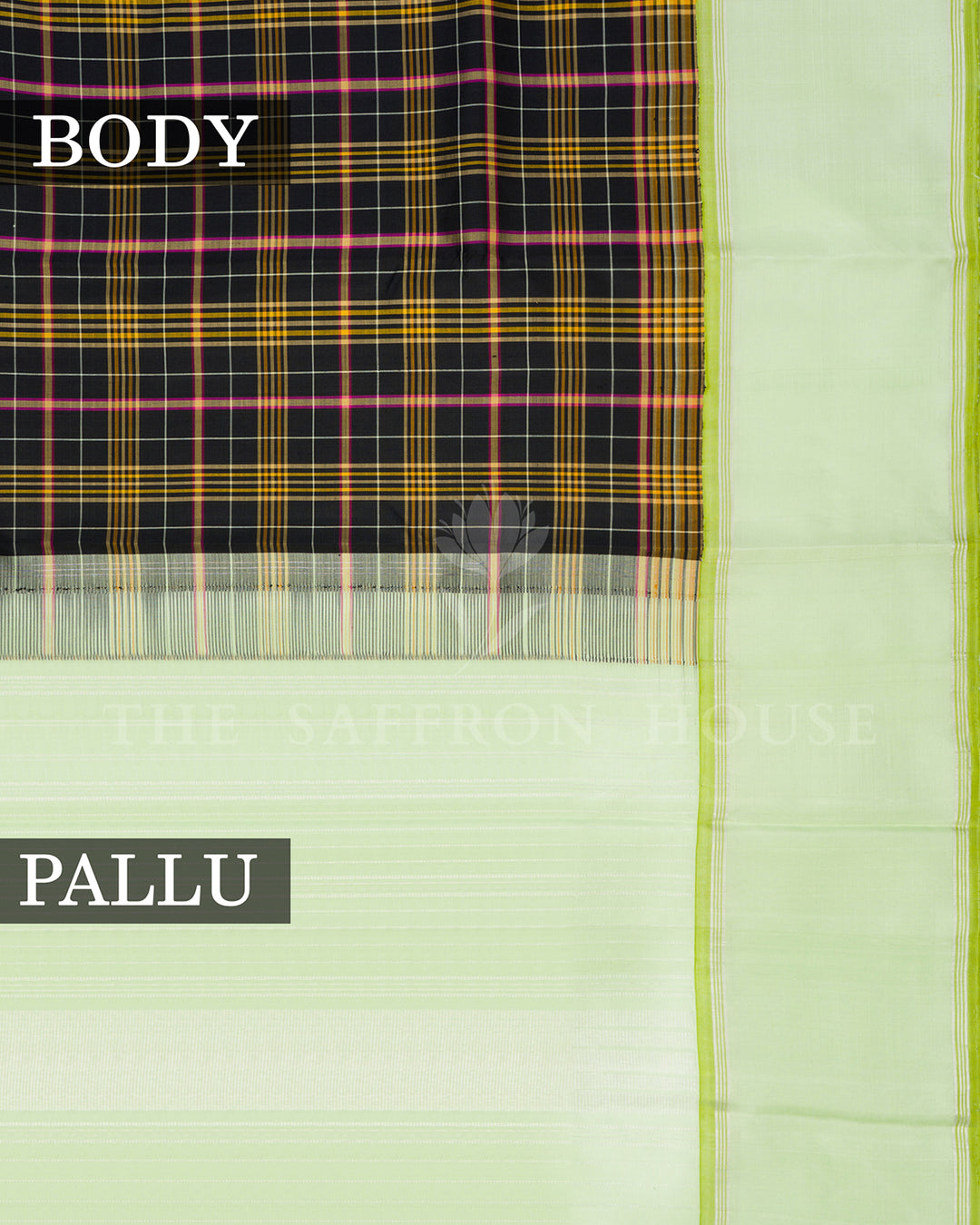 Black Tartan Check Kanchivaram Silk Saree with Green Border, Pastel Green Pallu