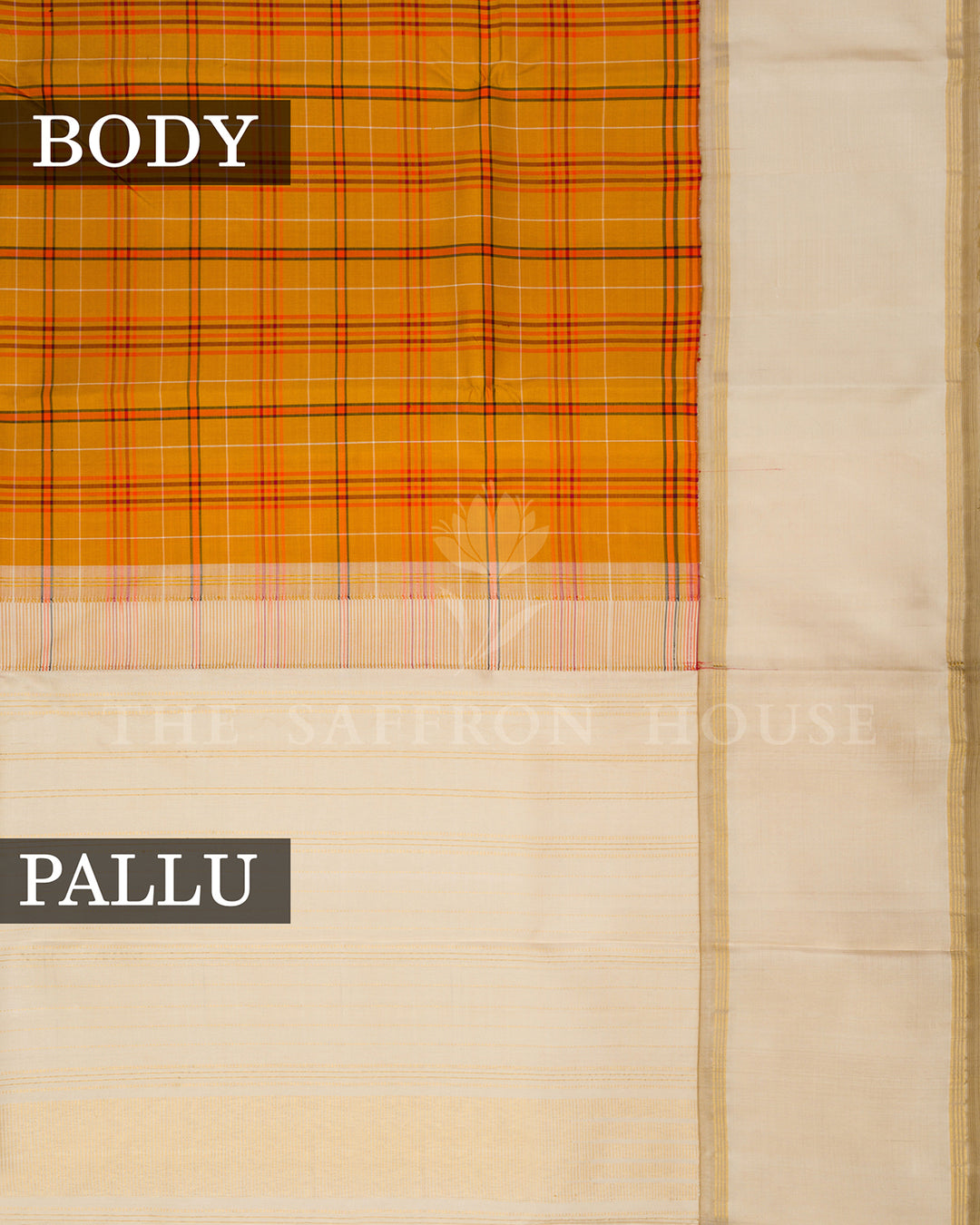 Mustard Tartan Check Kanchivaram Silk Saree with Gold Border, Cream Pallu