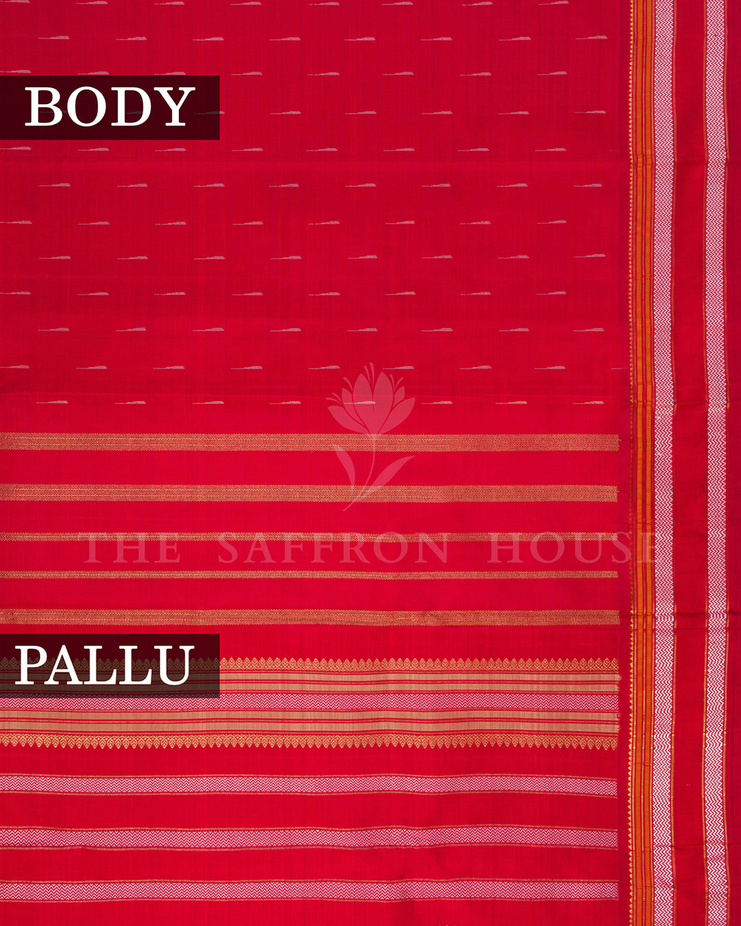 Red Kanchivaram Silk Saree with Silver Zari Buttis, White Zigzag Border