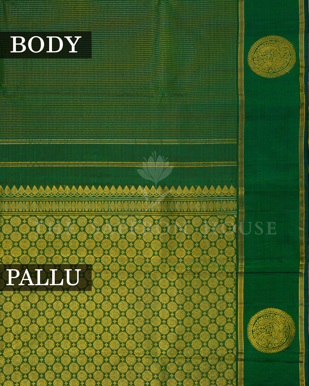 Bottle Green Kanchivaram Silk Saree with Zari Check Weave, Peacock Medallion Border