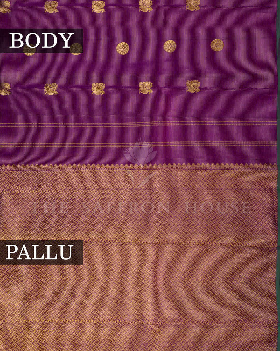 Purple Kanchivaram Silk Saree with Gold Zari Buttis, Rust Basket Weave Pallu