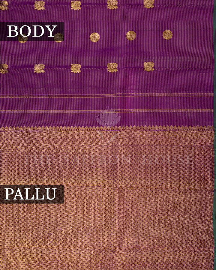 Purple Kanchivaram Silk Saree with Gold Zari Buttis, Rust Basket Weave Pallu