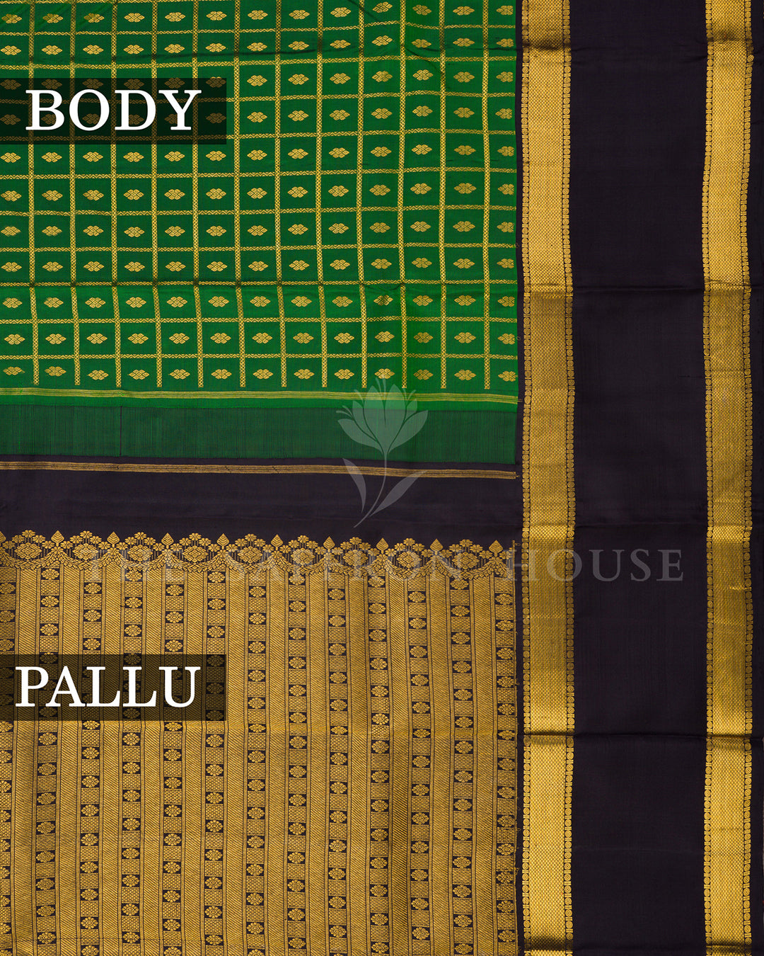 Green Kanchivaram Silk Saree with Gold Zari Check Weave, Black Border