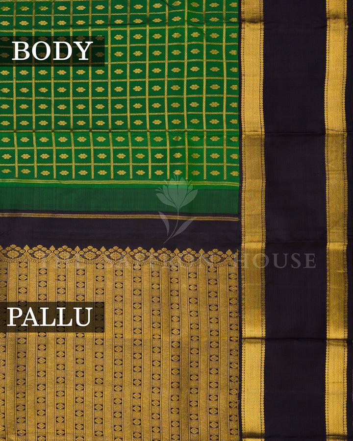 Green Kanchivaram Silk Saree with Gold Zari Check Weave, Black Border