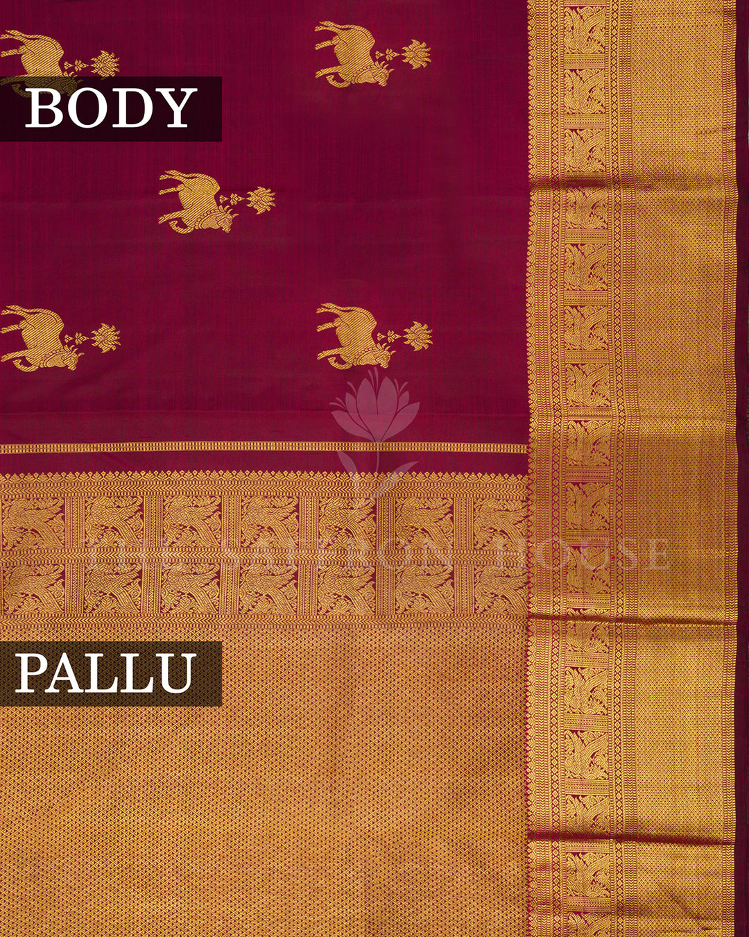 Magenta Kanchivaram Silk Saree with Gold Zari Elephant Motifs, Wide Gold Border