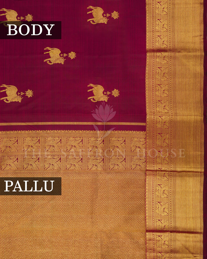 Magenta Kanchivaram Silk Saree with Gold Zari Elephant Motifs, Wide Gold Border