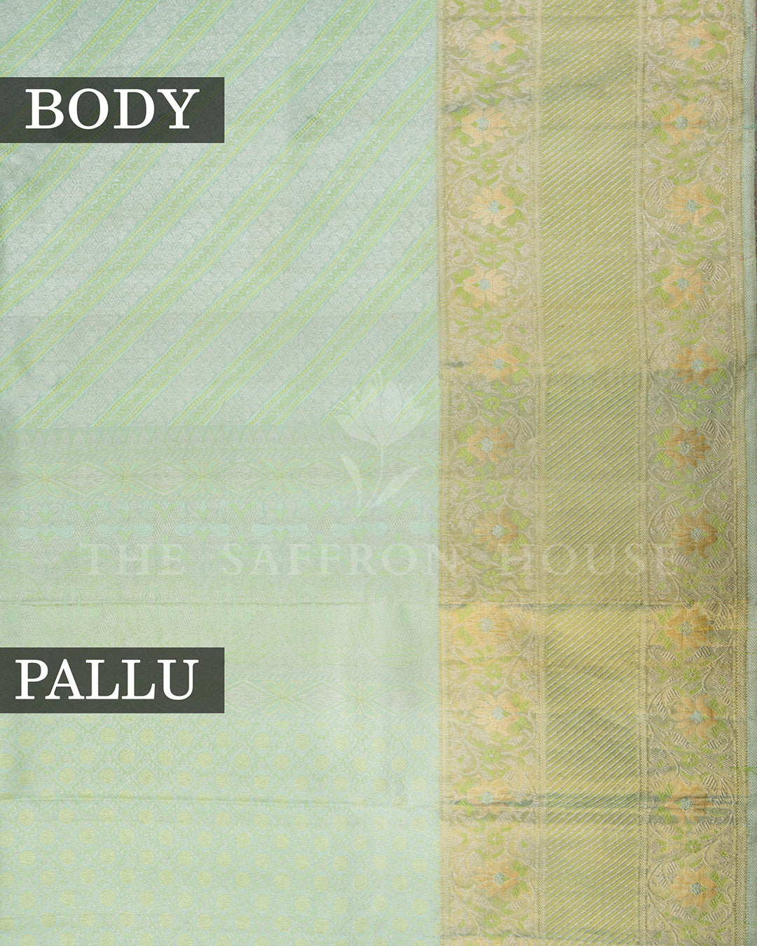 Mint Green Kanchivaram Silk Saree with Diagonal Stripe Weave, Floral Zari Border