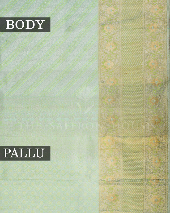 Mint Green Kanchivaram Silk Saree with Diagonal Stripe Weave, Floral Zari Border