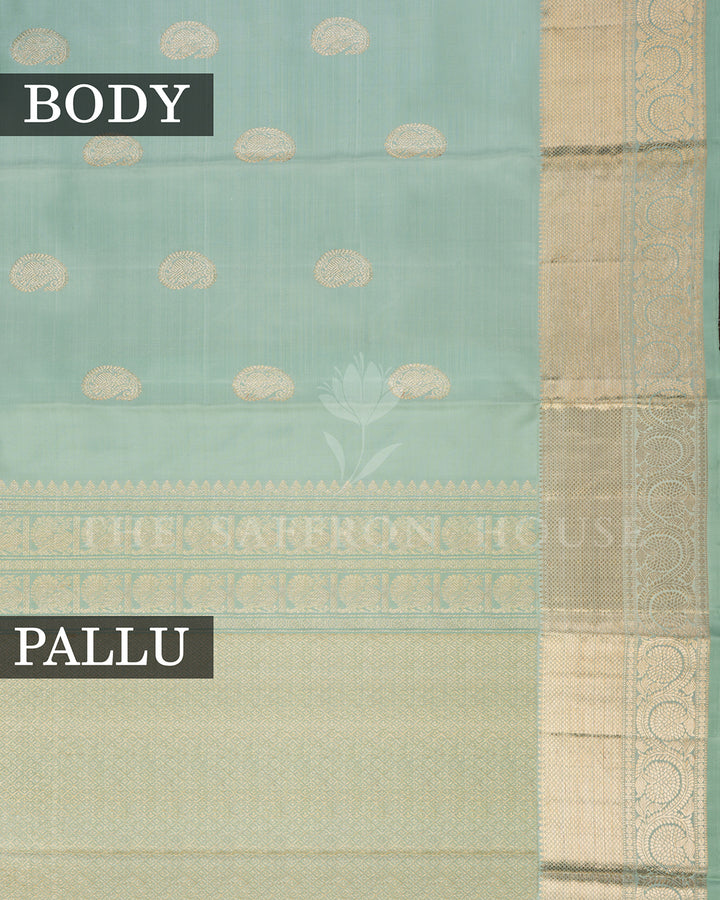 Mint Green Kanchivaram Silk Saree with Gold Zari Paisley Buttis, Wide Gold Border