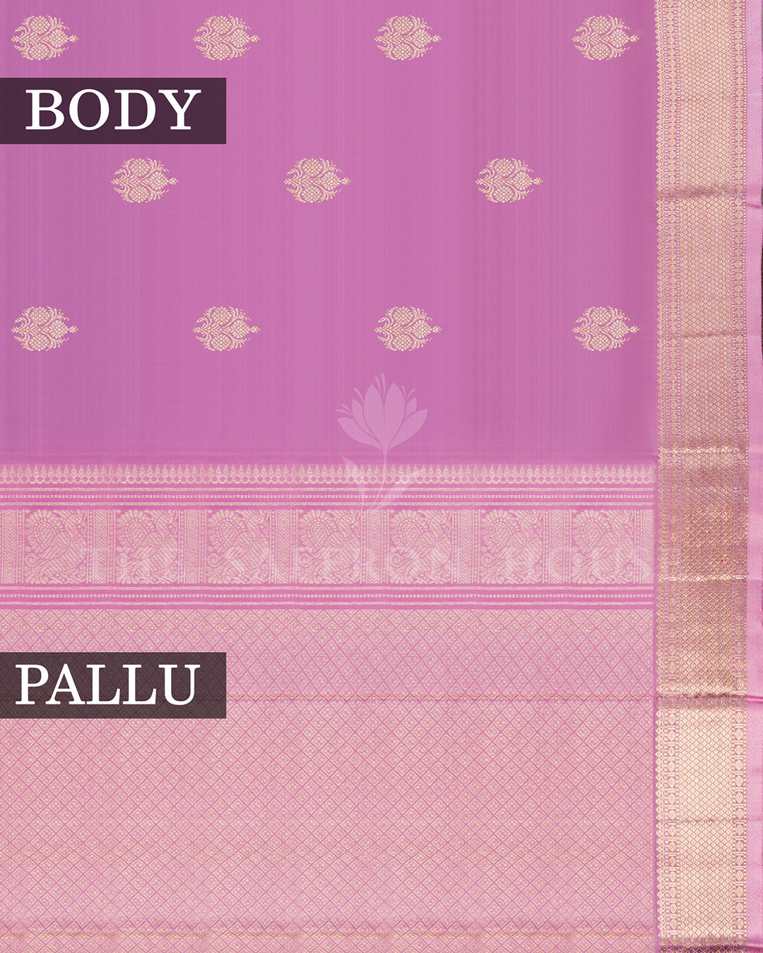 Mauve Kanchivaram Silk Saree with Gold Zari Paisley Buttis, Gold Border